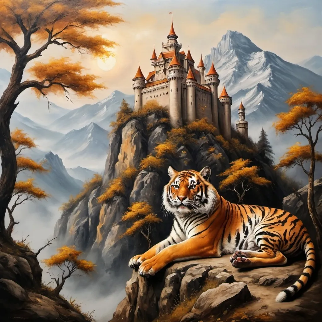 Prompt: castle on mountain with tiger oil painting