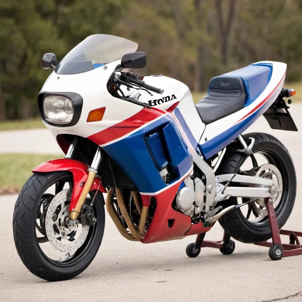 Prompt: red white and blue honda interceptor motorcycle