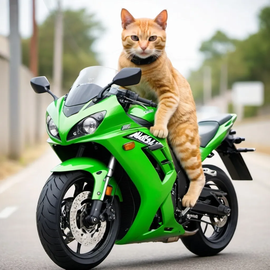 Prompt: cats riding kawasaki ninja motorcycle