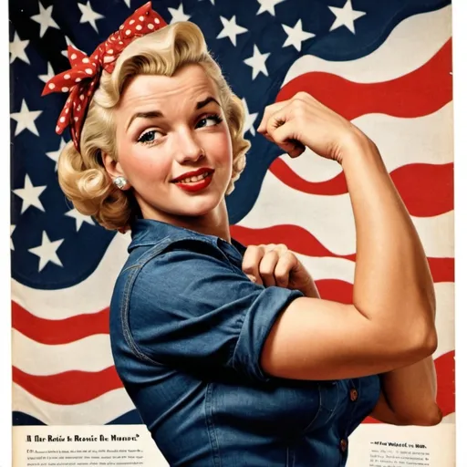 Prompt: A 1940s magazine ad with the likelihood of Rosie the riveter if she were Marilyn monroe 