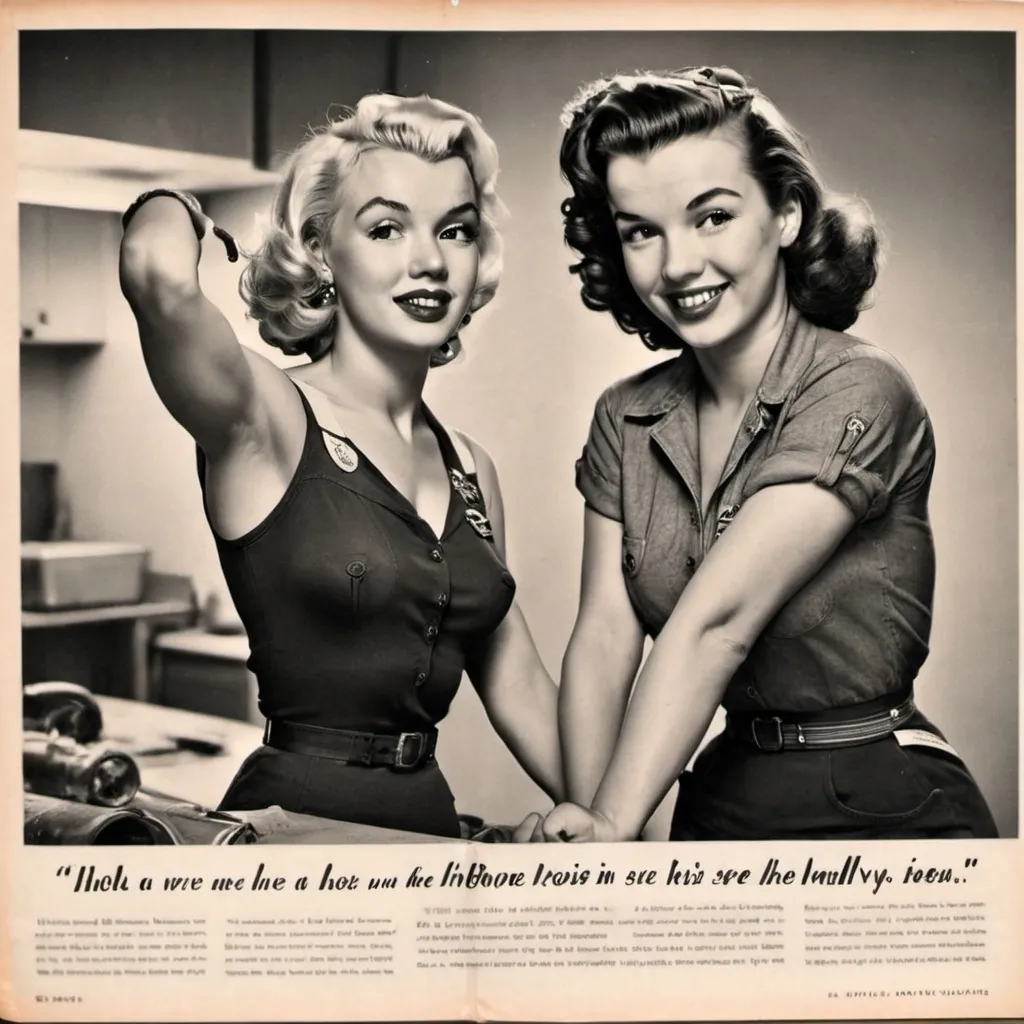 Prompt: A 1940s magazine ad with the likelihood of Rosie the riveter if she were Marilyn monroe 