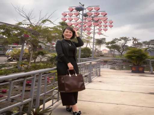 Prompt: Make the woman in the image smile softly and naturally, expressing warmth and confidence. Her hand gently raises to touch and smooth her hair in a relaxed, feminine gesture. Maintain the original lighting, background, clothing, and overall appearance. The animation should be subtle, elegant, and lifelike.