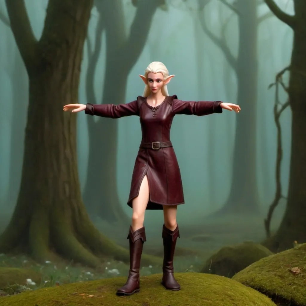 Prompt: a woman elf in a mid-short fantasy leather dress Bordeaux, no hat, all figure, leather boots