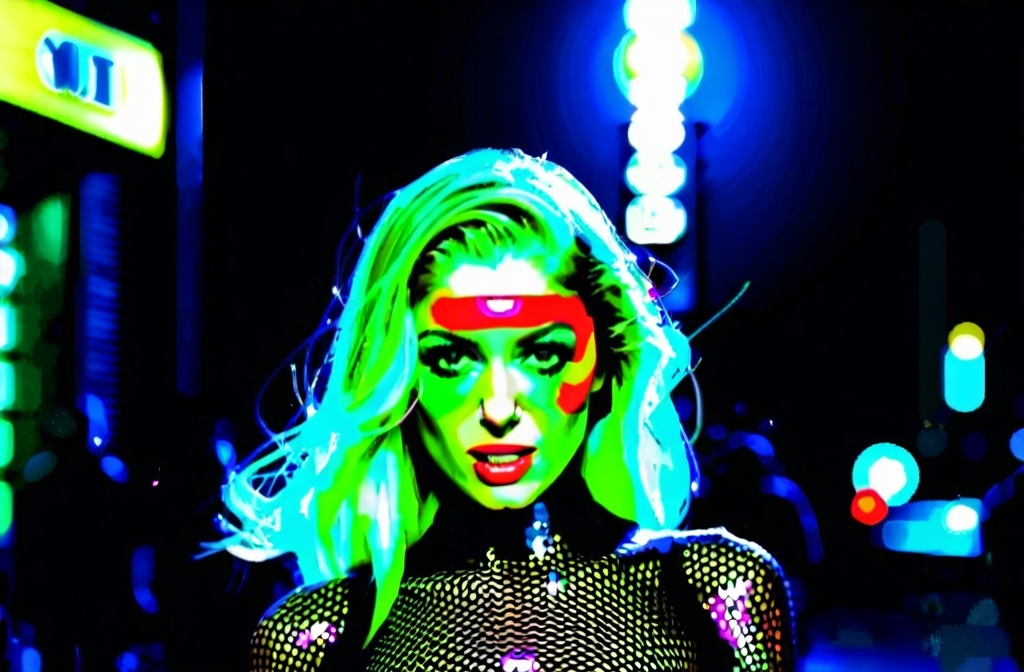Prompt: a woman in a bodysuit is walking down the street at night with a camera man taking a picture, Fan Qi, optical illusion, noir, a hologram