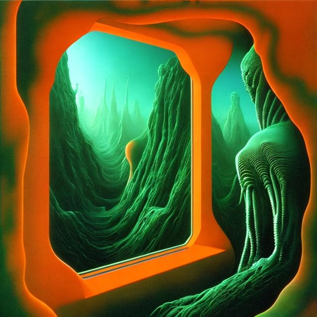 Prompt: zdzislaw beksinski sci-fi Futuristic landscape seen through a window alien space age green and orange color scheme 