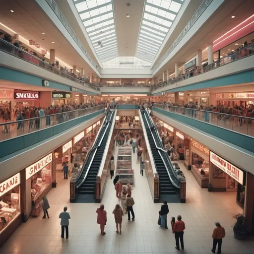 Prompt: Realistic 1980s mall that allows smoking and is full of people. High definition 4K wallpaper for phone screen 