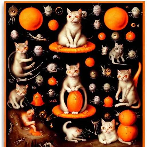 Prompt: Alien orange and white cat Black light poster in the style of Hieronymus Bosch 4K HD