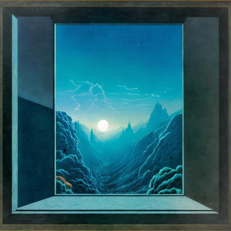 Prompt: zdzislaw beksinski sci-fi Futuristic landscape seen through a window