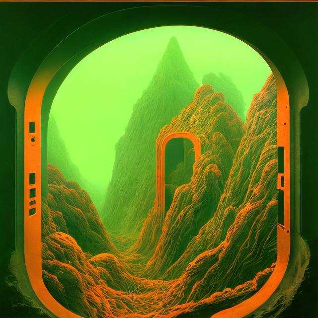 Prompt: zdzislaw beksinski sci-fi Futuristic landscape seen through a window alien space age green and orange color scheme 