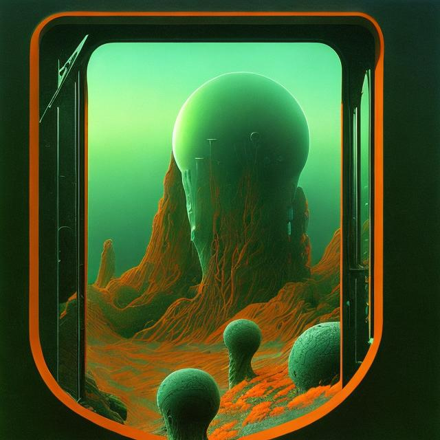 Prompt: zdzislaw beksinski sci-fi Futuristic landscape seen through a window alien space age green and orange color scheme 