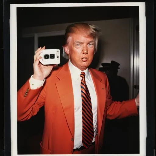 Prompt: Vintage 1980s Donald J Trump Halloween party Polaroid 