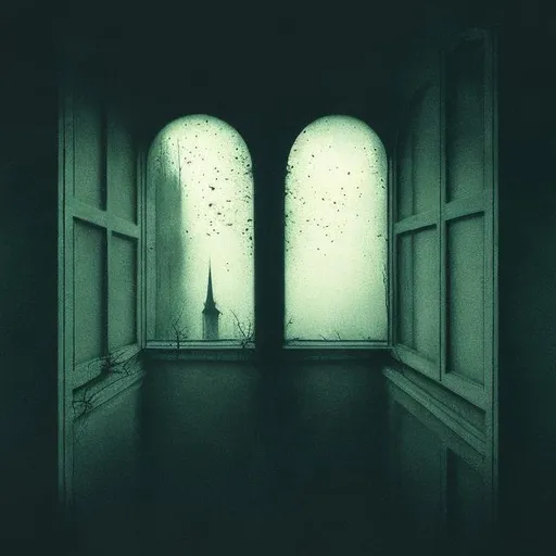 Prompt: A haunting view through a window in the style of zdzislaw beksinski mixed with Stephen Gammell and Tim Jacobus