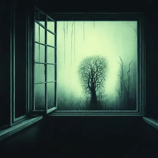 Prompt: A haunting view through a window in the style of zdzislaw beksinski mixed with Stephen Gammell and Tim Jacobus