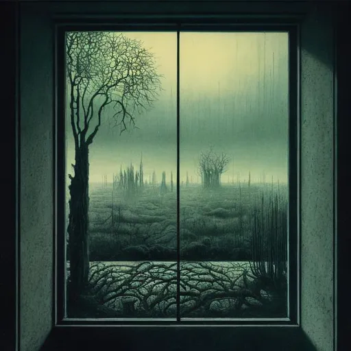 Prompt: Landscape view through a window in the style of zdzislaw beksinski mixed with Stephen Gammell and Tim Jacobus