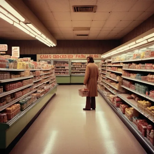 Prompt: 1970s grocery store realistic on a Saturday night in a horror movie setting 