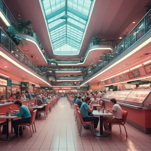 Prompt: Futuristic dream like 1980s mall food court that allows smoking and is full of people. High definition 4K wallpaper for phone screen 