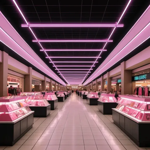 Prompt: Realistic 1980s mall department store. Neon light fixtures and lots of shoppers. High definition 4K wallpaper for phone screen 