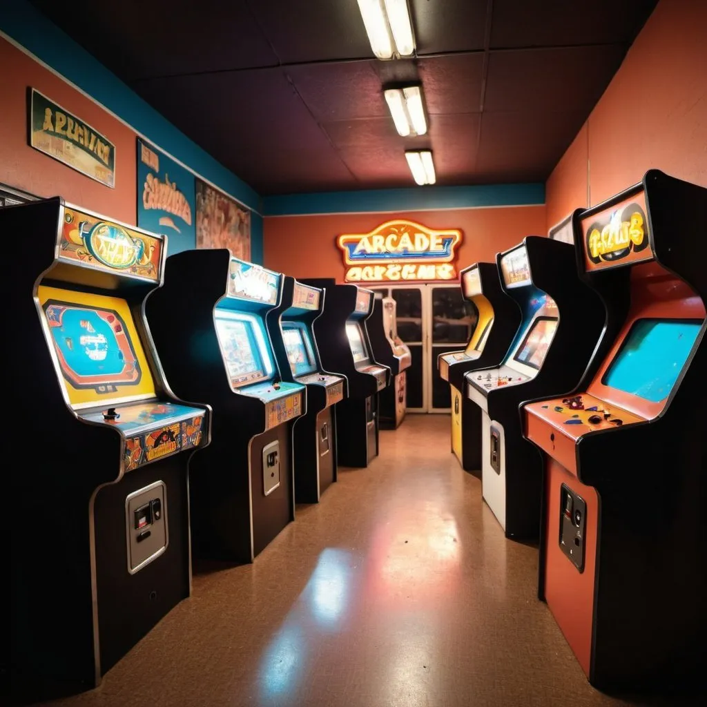 Prompt: 1970s arcade realistic on a Saturday night