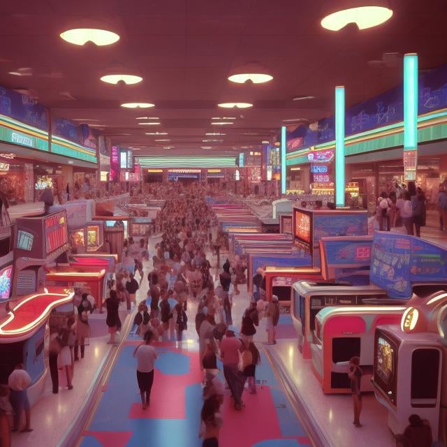 Prompt: Realistic 1980s mall arcade that allows smoking and is full of people. High definition 4K wallpaper for phone screen 