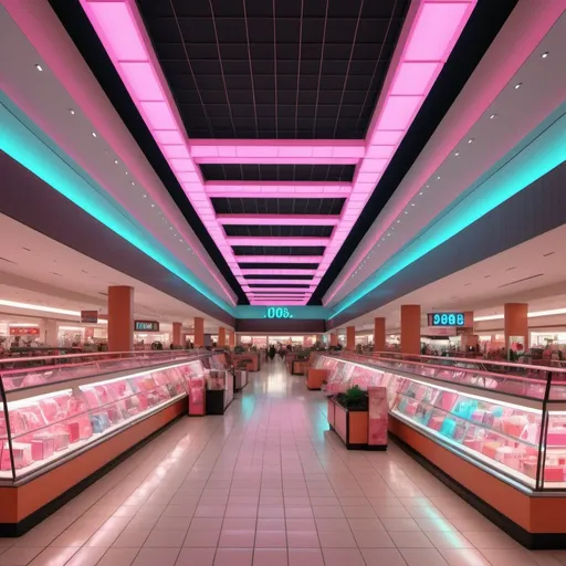 Prompt: Realistic 1980s mall department store. Neon light fixtures and lots of shoppers. High definition 4K wallpaper for phone screen 