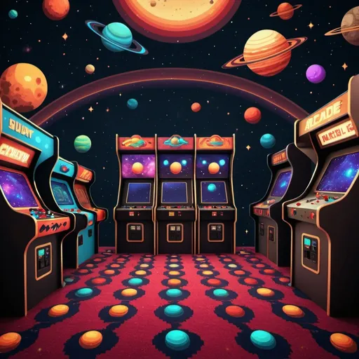 Prompt: Arcade carpet 4K wallpaper with space and planets retro 