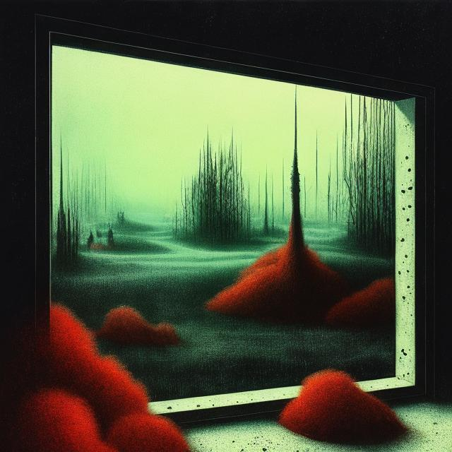 Prompt: Landscape view through a window in the style of zdzislaw beksinski mixed with Stephen Gammell and Tim Jacobus