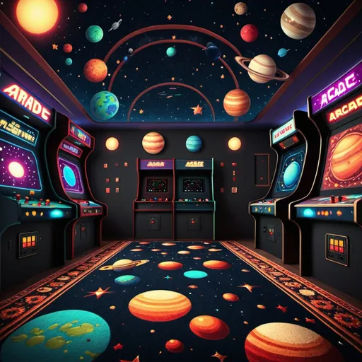 Prompt: Arcade carpet 4K wallpaper with space and planets retro 
