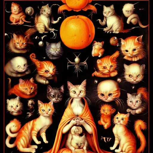 Prompt: Alien orange and white cat Black light poster in the style of Hieronymus Bosch 4K HD