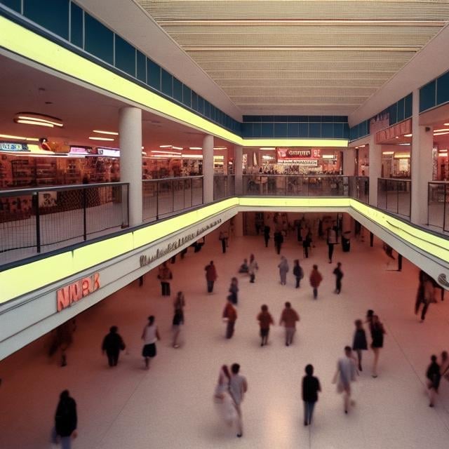 Prompt: Realistic 1980s mall that allows smoking and is full of people. High definition 4K wallpaper for phone screen 