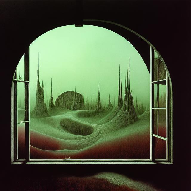 Prompt: Landscape view through a window in the style of zdzislaw beksinski mixed with Stephen Gammell and Tim Jacobus