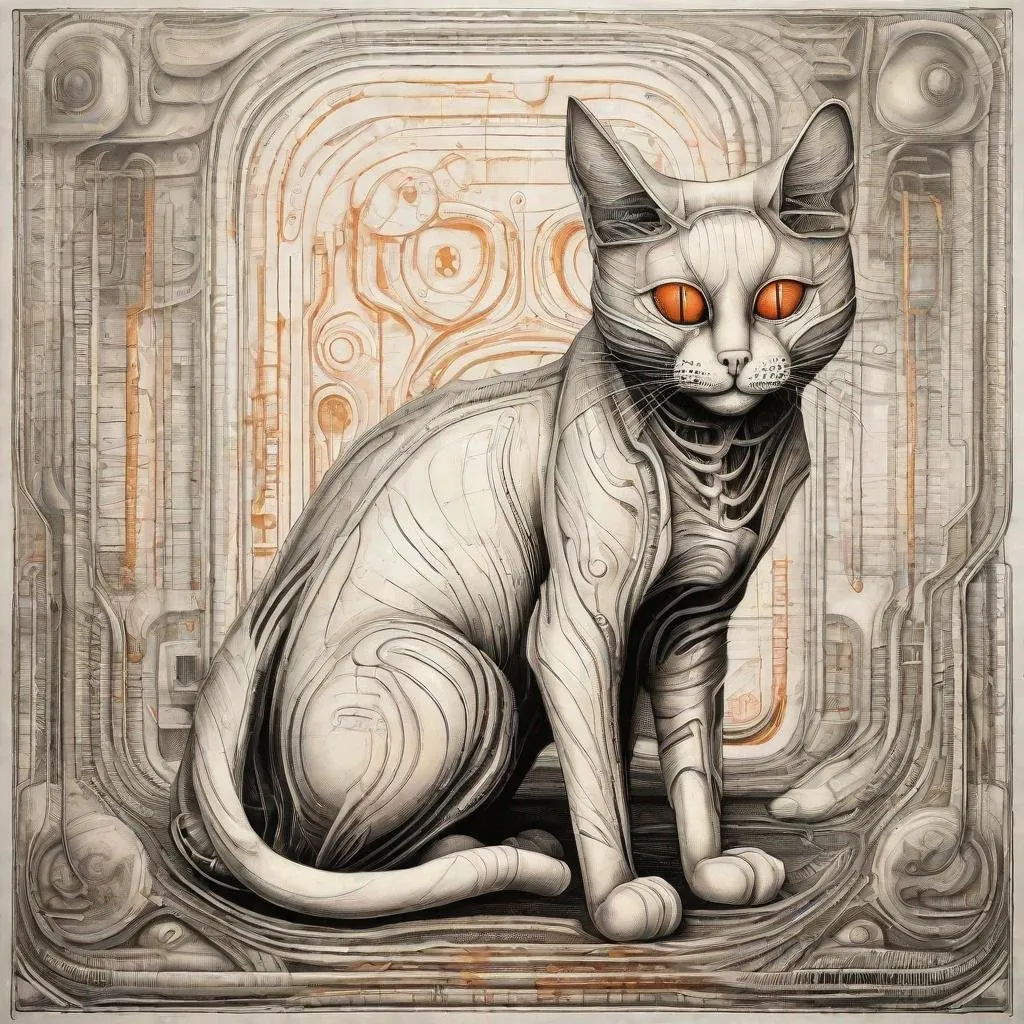 Prompt: Orange and white cat in the style of H.R. Giger vintage drawing 