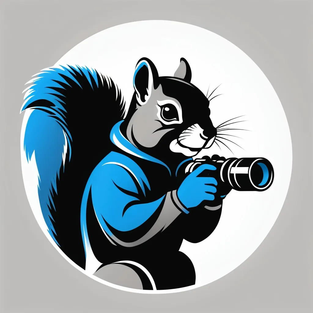 Prompt: Make a simple logo with the colors of black, grey and blue with a squirrel looking to the left holding binoculars.