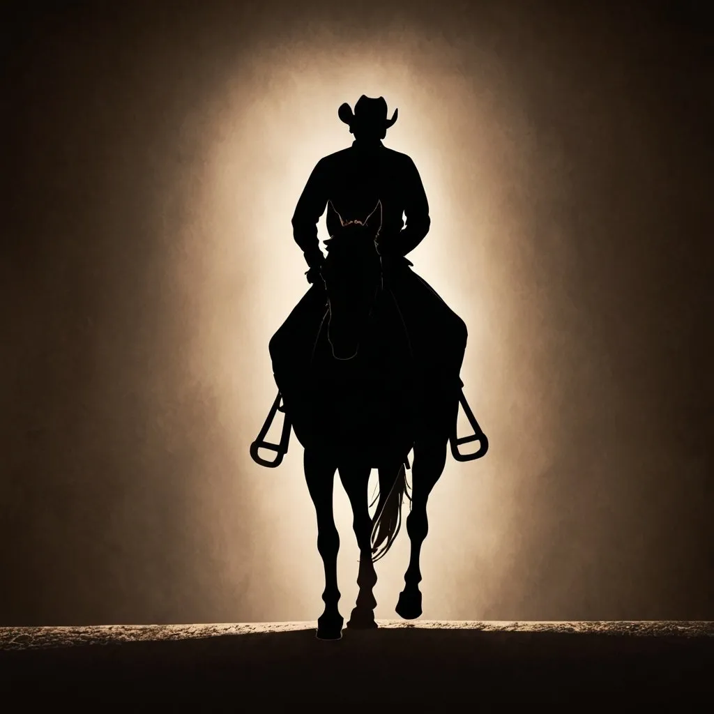 Prompt: Backlit photo of a man on horse. Silhouette, dramatic, artistic, shadowy