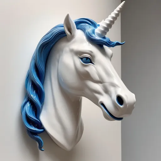 Prompt: white glossy porcelain sculpture head of a white unicorn, with a blue mane, wearing glasses, not detailed, in 3D style