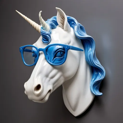 Prompt: white glossy porcelain sculpture head of a white unicorn, with a blue mane, wearing glasses, not detailed, in 3D style