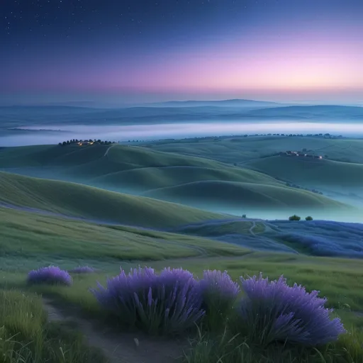 Prompt: (landscape), breathtaking view of Dobrogea, (blue hour), atop a hill overlooking a misty valley, rolling hills in the distance, soft touch of mist, twinkling stars beginning to appear in the twilight sky, tranquil atmosphere, vibrant hues of blue and purple reflecting the evening sky, detailed foreground with gentle slopes, ultra-detailed, 4K, serene and calming ambiance.