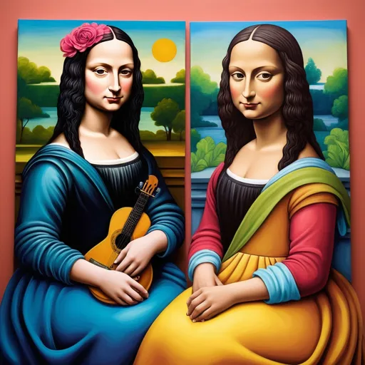 Prompt: create two fridas mona lisa style with vibrant colors. they should be seated like the two fridas