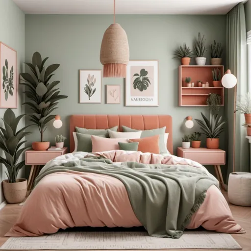 Prompt: light Gray, terra cotta blush and sage green large size bedroom for a teen girl that is 16 with lots of plants the year 6000