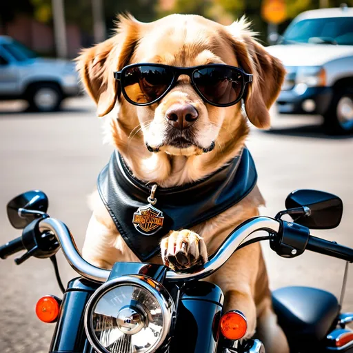 Prompt: Dog with sunglasses riding a Harley Davidson 