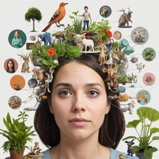 Prompt: a woman with a hundred different items like kids, work items, plants, animals, all streaming out of her head
