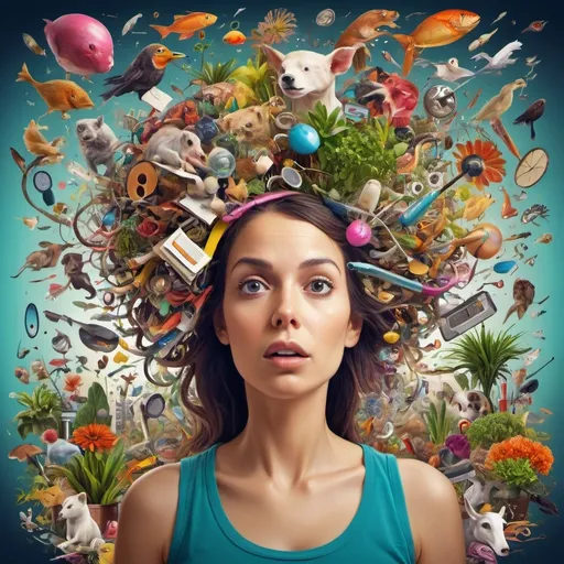 Prompt: a woman with a hundred different items like kids, work items, plants, animals, all streaming out of her head
