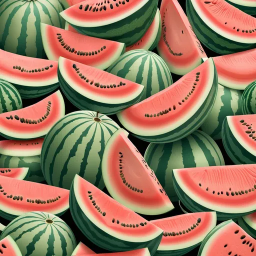 Prompt: Create a dynamic background featuring multiple melons, focusing on cantaloupes alongside other melons like watermelons and honeydews. Showcase the cantaloupes with their distinct netted greenish-beige rinds and soft orange flesh, interspersed with watermelons displaying vibrant red and pink interiors with black seeds, and honeydews with pale green flesh. Arrange them in a visually appealing pattern, blending whole melons, halved slices, and artistic cuts. Use a bright, summery color palette with gradients and soft shadows to evoke freshness and a lively atmosphere.