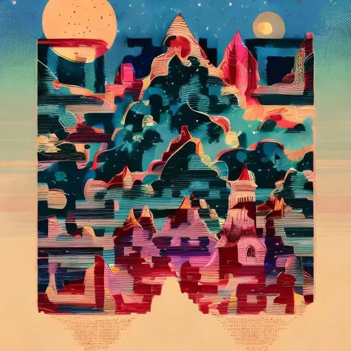 Prompt: mountains, stars and paisley filled sky, artstation, intricate, highly detailed, digital painting, concept art, sharp focus, illustration by Tom Whalen and James Gilleard