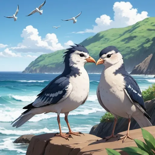 Prompt: Anime birds and seagals by the ocean