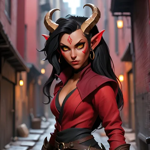 Prompt: Tiefling rogue, black hair, gold eyes, red hued skin devious looking in back city alley