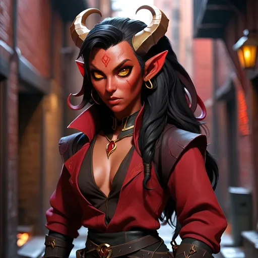 Prompt: Tiefling rogue, black hair, gold eyes, red hued skin devious looking in back city alley