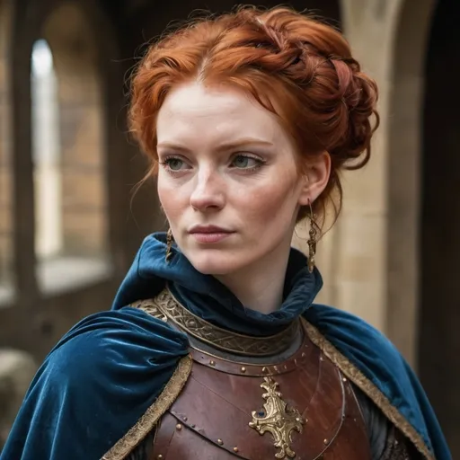 Prompt: medieval noblewoman with red hair in a messy updo, with one eyebrow raised, wearing brown leather armour and a blue velvet cape