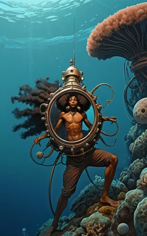 Prompt: afro deep sea dwellers with in a moebius style of picture