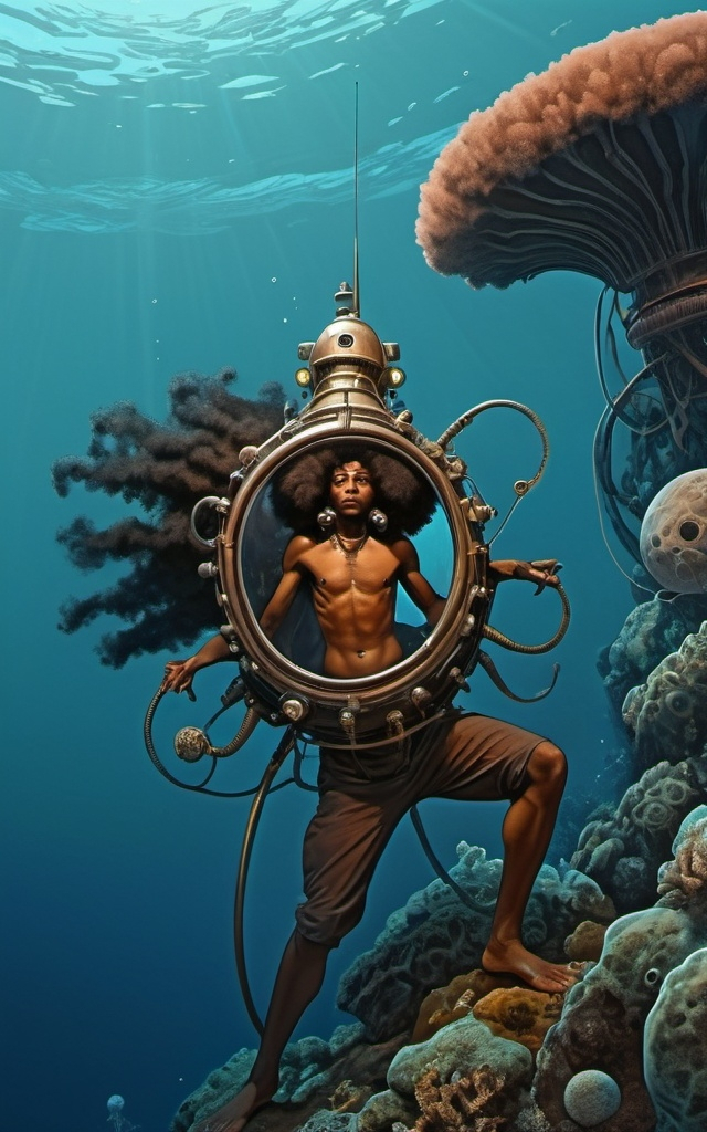 Prompt: afro deep sea dwellers with in a moebius style of picture