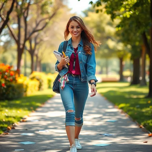 Prompt: (photorealistic), a confident girl walking purposefully, introducing practical studying techniques for English and German exams, vibrant outdoor setting with a beautiful park backdrop, bright sunlight illuminating her path, engaging facial expression reflecting enthusiasm, stylish casual outfit, carrying study materials, with scattered colorful notes around her, creating an inviting and motivational ambiance, high quality, ultra-detailed image.